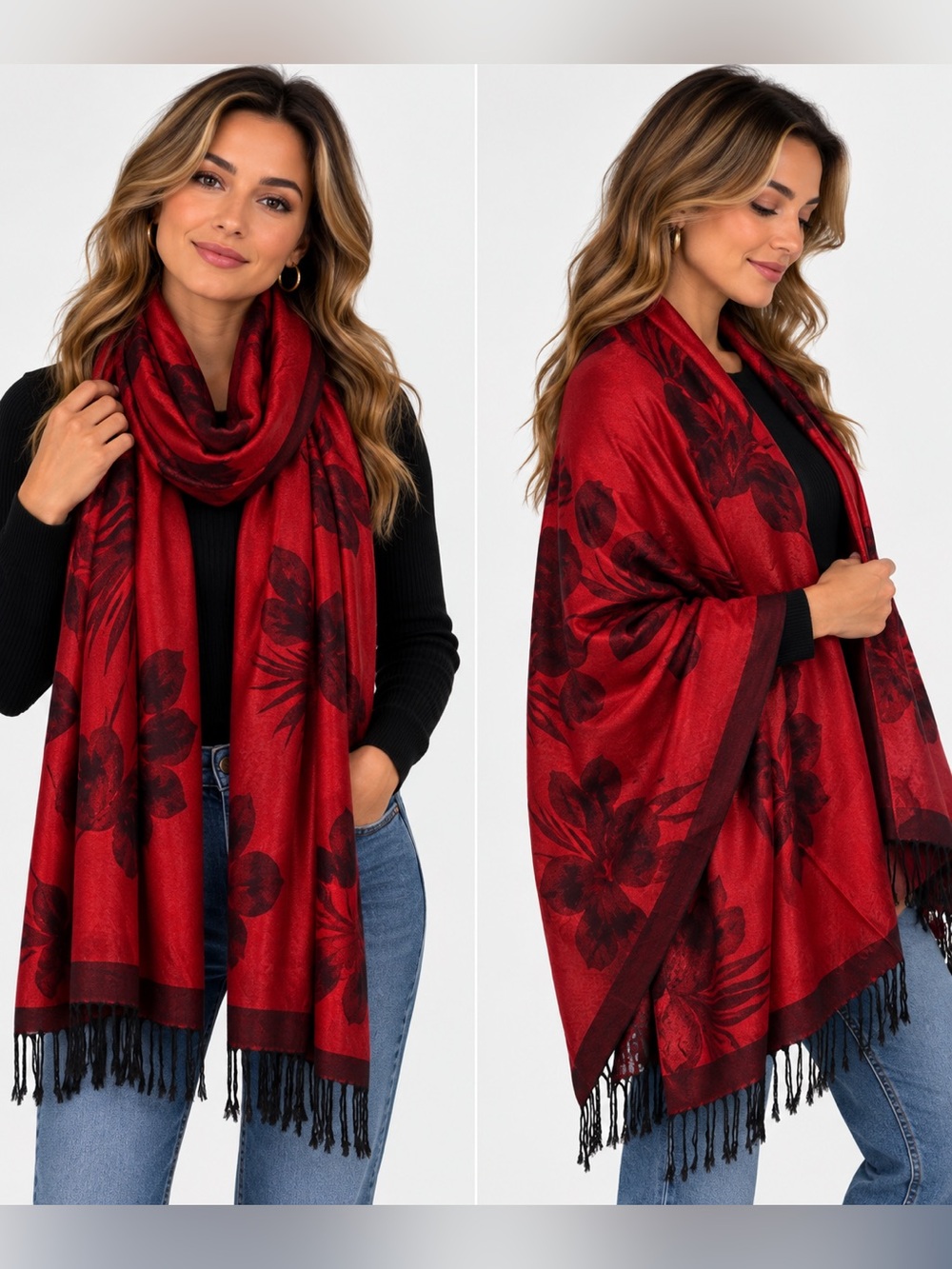 Red Floral Scarf wrap- Elegant Women's Accessory